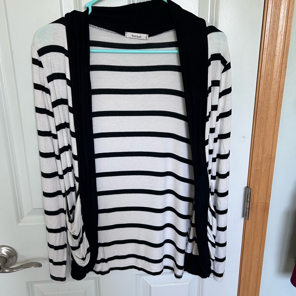 TeenBell Black and White Striped Cardigan Sweater